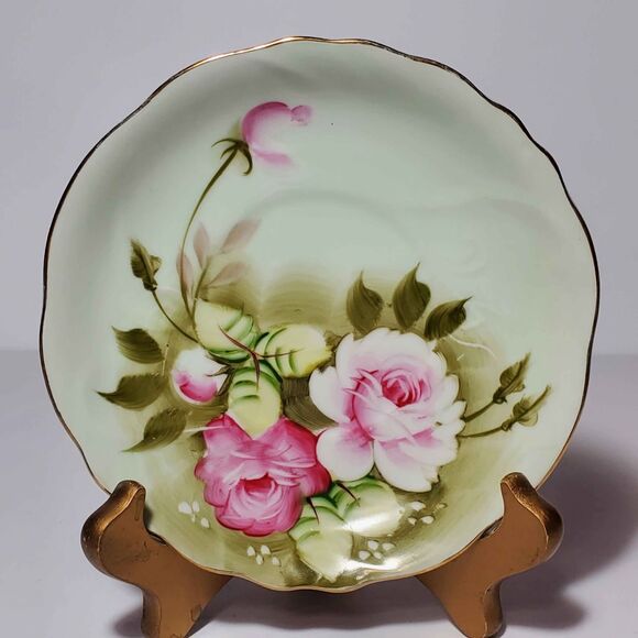 Lefton Teacup and Saucer Green Heritage Pink Roses - Picture 5 of 10